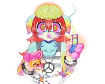 alunka ambiguous_gender anthro blue_body blue_fur brain canid canine canis cellphone clothing domestic_dog drugs electronics exposed_brain flip_phone fur hi_res jewelry mammal necklace organs phone pills shirt solo tank_top topwear