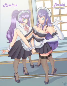 2girls 3_legs 4_arms 6_breasts accessworld blue_eyes boob_window breasts female maid multi_arm multi_breast multi_leg multi_limb purple_hair thighhighs