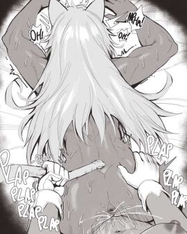 crossover from_behind futanari ghislaine_dedoldia intersex kemonomimi miruko moaning monochrome mushoku_tensei my_hero_academia speedl00ver tagme