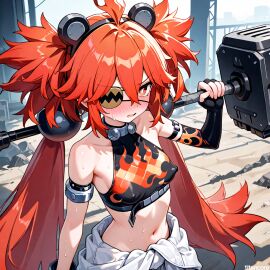 (titancore) ai_generated blush blushing construction_site curvy_figure cute_girl eyepatch female girl hair_ornament jumpsuit koleda_belobog long_hair puffy_nipples red_eyes red_hair small_breasts twintails video_game_character zenless_zone_zero