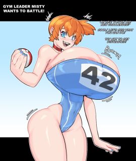 1girls alternate_breast_size ass asymmetrical_hair big_ass big_breasts blue_eyes breasts breasts_bigger_than_head choker cleavage covered_navel creatures_(company) curvy english_text female female_focus game_freak gym_leader highleg highres holding holding_poke_ball huge_breasts kasumi_(pokemon) large_breasts looking_at_viewer navel nintendo nipples one-piece_swimsuit open_mouth orange_hair poke_ball poke_ball_(basic) pokemon pokemon_rgby ponytail red_choker short_hair side_ponytail smile solo standing strapless swimsuit text the_varking thick_thighs thighs wide_hips