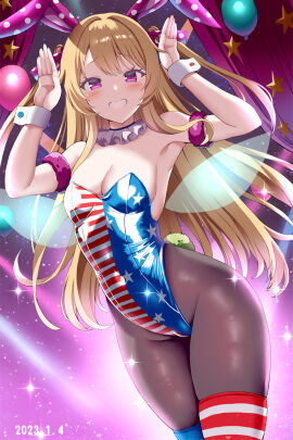 alternate_costume american_flag american_flag_legwear american_flag_print animal_ears armpits arms_up bare_shoulders black_pantyhose blonde_hair breasts cleavage clownpiece colored_eyelashes fake_animal_ears fake_tail female flag_print givuchoko grin highleg highleg_leotard highres leotard long_hair looking_at_viewer neck_ruff pantyhose playboy_bunny polka_dot purple_eyes rabbit_ears rabbit_pose rabbit_tail small_breasts smile solo strapless strapless_leotard striped_clothes striped_leotard striped_thighhighs tail thighhighs touhou wrist_cuffs