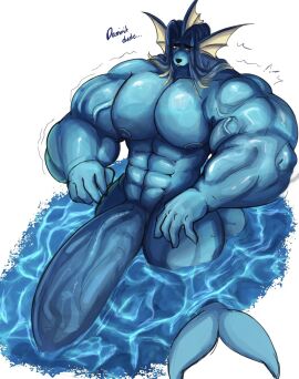 bara hair huge_pecs hyper hyper_genitalia hyper_penis long_hair male male_only muscle_growth muscles muscular muscular_male penis pokemon pokemon_(species) rule_63 schmuckless soaked solo solo_male text vapor_(schmuckless) vaporeon water white_background yaoi