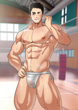 1boy bara blush bulge haikyuu!! jockstrap male male_nipples male_only miesicomic muscular muscular_male nipples penis penis_outline sawamura_daichi sweat sweating underwear yaoi