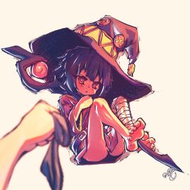 absurdres ass asymmetrical_legwear bandaged_leg bandages barefoot black_hat black_panties blush button_eyes buttons dress embarrassed feet female floofsmear full_body hat highres holding holding_clothes holding_panties holding_staff holding_underwear kono_subarashii_sekai_ni_shukufuku_wo! legs megumin mismatched_legwear panties red_dress red_eyes short_hair short_hair_with_long_locks sidelocks single_thighhigh sitting soles solo staff thighhighs thighs toes underwear witch_hat