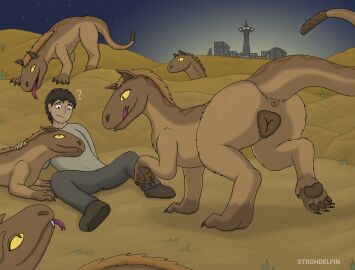 animal_genitalia animal_pussy anus ass brown_body brown_fur brown_hair canid canine canine_genitalia canine_pussy canis city claws clothed clothing coyote desert eyebrowless fallout female feral fur genitals group hair hi_res human human_on_feral hybrid interspecies licking licking_lips male mammal microsoft night night_stalker_(fallout) open_mouth paws pit_viper pussy question_mark rattlesnake reptile scalie snake strohdelfin tail tongue tongue_out yellow_eyes zoophilia