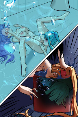 4girls air_bubbles big_breasts breasts bucket cunnilingus drowning female licking licking_pussy marima666_(artist) oral panicking pussy underwater water water_bucket