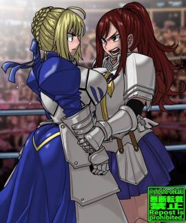 2girls angry_face armor armored_dress armored_female armored_gloves artist_name artoria_pendragon ass blonde_hair bow crossover curvy_figure erza_scarlet fairy_tail fate/stay_night fate_(series) female fully_clothed green_eyes hair_ornament holding_wrist huge_ass metal_plates open_mouth ponytail red-haired_female red_eyes red_hair saber sexfight shosho_oekaki skirt thick_thighs wrestling_ring