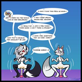 2025 animal_crossing anthro bodily_fluids canid canid_demon canine canis collar crouching demon dialogue digital_media_(artwork) dildo dildo_sitting disembodied_head english_text female fox fur genital_fluids group hellaverse helluva_boss hi_res linked_speech_bubble loona_(helluva_boss) mammal mind_control mothost mythological_canine mythological_creature mythology nintendo numbered_sequence penetration queen_bee-lzebub_(helluva_boss) sex_toy simple_background speech_bubble spiked_collar spikes text transformation trio vaginal_fluids white_body white_fur whitney_(animal_crossing) wolf