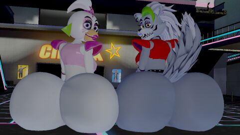 2girls 3d accurate_art_style ass blender bubble_ass bubble_butt female five_nights_at_freddy's five_nights_at_freddy's:_security_breach glamrock_chica_(fnaf) huge_ass looking_back multiple_females multiple_girls roxanne_wolf_(fnaf) skulltronprime969 tagme
