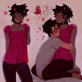 2boys alien angry black-haired_male black_hair blush clothed clothed_male colored_skin crossdressing crossdressing_male drooling femboy gay glasses grey_skin homestuck homestuck_troll horn horns hugging john_egbert karkat_vantas lacryboy male male/male sfw short-haired_male short_hair troll yaoi