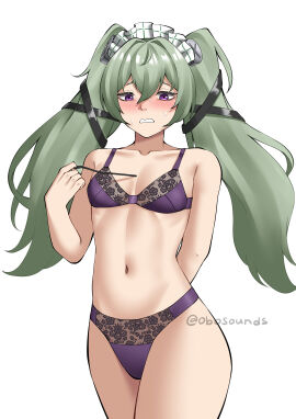 absurdres bare_shoulders blush bra collarbone corin_wickes cowboy_shot female green_hair highres long_hair looking_at_viewer maid_headdress navel obosounds panties purple_bra purple_eyes purple_panties simple_background solo standing stomach sweat thighs twintails underwear underwear_only very_long_hair white_background zenless_zone_zero