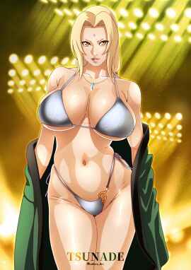 1girls adapted_costume bent_over big_breasts bikini blonde_hair blue_sky breasts brown_eyes busty clouds crystal female flashlight front_view haori highleg highleg_bikini highres hourglass_figure huge_breasts jewelry konohagakure_symbol large_breasts legs_together lipstick long_hair looking_at_viewer makeup mature mature_female midriff milf nail_polish naruto naruto_(series) naruto_shippuden necklace ocean outdoors pinup revealing_swimsuit saburo_des shiny shiny_hair shiny_skin skimpy skimpy_bikini stage stage_lights sunlight swimsuit thick_thighs thighs tsunade twintails underboob undressing very_long_hair watermark wide_hips