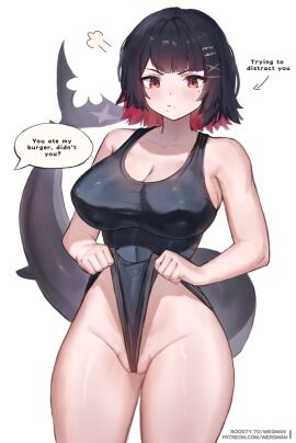 1girls alternate_version_available bangs bare_thighs black_hair blush blushing breasts dialogue ellen_joe english_text female hair_ornament large_breasts leotard light-skinned_female light_skin mole mole_under_eye multicolored_hair one-piece_swimsuit red_eyes shark_girl shark_tail short_hair sole_female swimsuit text thick_thighs thighs wersman zenless_zone_zero