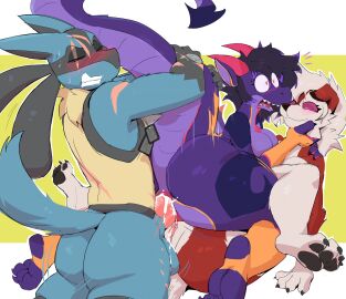 after_kiss anthro anus ass bisexual bodily_fluids collaborative collaborative_pussyjob collaborative_sex cum cum_in_pussy cum_inside dog_tags dragon female female/female generation_7_pokemon genital_fluids genitals group grunting heart_eyes heart_symbol hi_res holding_tail lycanroc male male/female midnight_lycanroc mythological_creature mythological_scalie mythology nintendo open_mouth pawpads paws penetration penile penile_penetration penis penis_in_pussy pokemon pokemon_(species) pussy pussyjob scalie sex tail tribadism_on_penis trio vaginal_fluids vaginal_penetration yoelrabbit