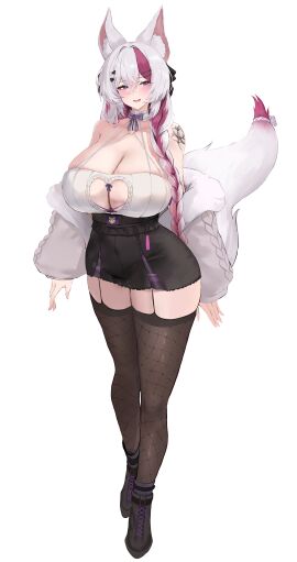 absurdres animal_ear_fluff bare_shoulders black_thighhighs braid breasts cleavage commentary commission crossed_bangs english_commentary female full_body hair_between_eyes hair_ornament hairclip highres huge_breasts indie_virtual_youtuber lea_lumie liaowen long_hair long_sleeves looking_at_viewer mole mole_under_eye parted_lips purple_eyes purple_hair smile solo standing tail thighhighs thighs virtual_youtuber white_background white_hair