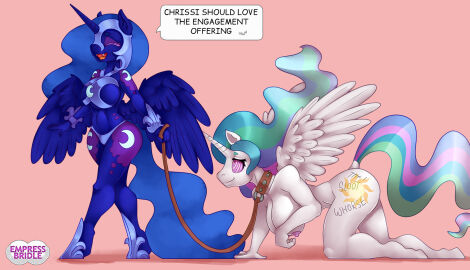 alicorn all_fours anthro anthrofied armor big_breasts blue_body bondage breasts closed_eyes clothed clothing collar dialogue duo empressbridle english_text equid equine female friendship_is_magic hasbro headgear helmet hi_res horn hypnosis incest leash mammal mind_control multicolored_hair my_little_pony mythological_creature mythological_equine mythology nightmare_moon_(mlp) nipples nude petplay pink_background princess_celestia_(mlp) roleplay sibling simple_background sister sisters tally_marks text western_tally_marks white_body wide_hips wings