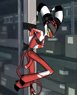 1boy ass blitzo_(helluva_boss) covered_eyes gay helluva_boss horns imp male multicolored_body naked naked_male penis penis_out tail tied tied_arms tied_up