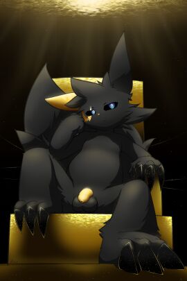 absurd_res ainis anthro balls black_body black_fur blue_eyes chair claws digital_media_(artwork) eyewear flaccid foreskin fur furniture generation_3_pokemon genitals glasses hi_res humanoid_genitalia humanoid_penis looking_at_viewer male mammal markings nintendo nude penis pokemon pokemon_(species) sitting solo tail throne toe_claws uncircumcised zangoose
