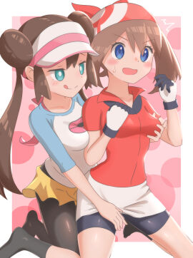 bandana bare_arms bike_shorts black_socks blue_eyes blush breast_grab breast_press breasts brown_hair clothes_lift collarbone double_bun feet female game_freak gloves green_eyes groping hair_bun hand_between_legs hat licking_own_lips m_o_n_t_e_n may_(pokemon) may_(pokemon_rs) medium_breasts miniskirt nintendo open_mouth pantyhose pantyhose_under_shorts pokemon pokemon_bw2 pokemon_rse red_shirt rosa_(pokemon) shiny_skin shirt short_sleeves shorts skirt small_breasts socks thighs tongue tongue_out twintails white_gloves yuri
