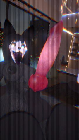 3d anthro black_fur canine_penis futanari glitch heart_eyes intersex its_caylee massive_penis open_mouth penis saliva_string scp-1471 scp_foundation self_upload thigh_highs vrchat vrchat_furry