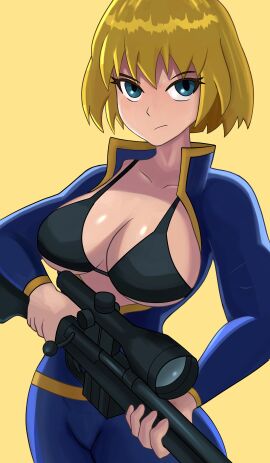 1girls 2024 2d 2d_(artwork) big_breasts blonde_hair blue_eyes bolt_action bolt_action_rifle bra breasts cleavage clothing cowboy_shot determined fallout female female_only fully_clothed gun holding_object human human_only looking_at_viewer questionable ratslayer rifle serious short_hair simple_background sniper solo solo_female standing tight_clothing upper_body vault_dweller vault_girl vault_suit weapon yellow_background