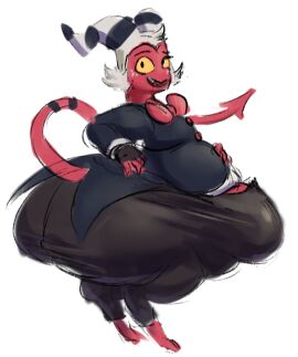 1boy ass balls belly bowtie bulge bulge_through_clothing chubby chubby_male cro-iba demon demon_boy demon_tail fat half-erect helluva_boss hips imp large_ass large_balls large_bulge large_penis large_testicles looking_at_viewer male male_focus male_only moxxie_(helluva_boss) penis red_skin stomach tail testicles thick_thighs thighs white_hair wide_hips yellow_sclera