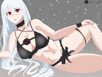 big_breasts black_clothes black_clothing breasts date_a_live date_a_live:_date_a_bullet empty_(date_a_bullet) female higoromo_hibiki lying lying_down nails_painted red_eyes sheong_wong swimsuit swimwear white_hair