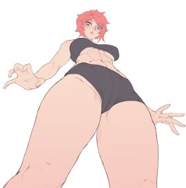 abs artist_request blush boyshorts bra breasts clothed_female destiny_(game) destiny_(video_game) destiny_2 female focus from_below green-eyed_female green_eyes holly_(destiny_oc) light-skinned_female light_skin low-angle_view messy_hair muscles muscular muscular_female orange-haired_female orange_hair red_hair small_breasts solo toned_female underwear white_background