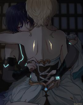 1boy 1girls blonde_female blonde_hair blue_hair cowgirl_position female female_on_top genshin_impact lumine_(genshin_impact) luminescent male scaramouche_(genshin_impact) straight tartutuu undressing