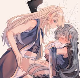 2girls black_necktie blonde_hair blush breasts brown_necktie closed_eyes clothed_sex collared_dress dress duel_monster emptyayya female fingering grey_hair head_steam highres long_hair long_sleeves multiple_females multiple_girls necktie pussy pussy_juice simple_background sky_striker_ace_-_raye sky_striker_ace_-_roze sweat two-tone_dress yu-gi-oh! yuri