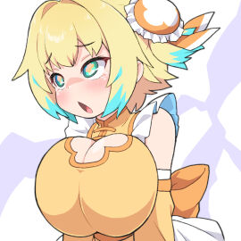 +_+ 1girls bangs big_breasts blonde_hair blue_eyes blue_hair blush bombergirl breast_squeeze breasts breasts_bigger_than_head breasts_squeezed_together china_dress chinese_clothes cleavage cleavage_cutout clothing_cutout detached_sleeves dress female huge_breasts large_breasts multicolored_hair open_mouth pine_(bombergirl) shirogane_hakuba short_hair shortstack solo symbol-shaped_pupils tears two-tone_hair upper_body