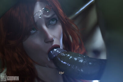 1boy 1girls 3d alien_male blowjob caption cum cum_in_mouth dripping_cum female gamorrean godwin green_eyes green_skin light_skin long_hair looking_at_another male mara_jade_skywalker neroxliv penis red_hair star_wars star_wars_legends straight subtitled tagme tiara veiny_penis