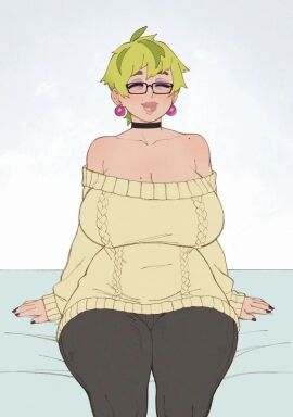 bbw beauty_mark choker closed_eyes curvy cute dyed_hair earrings female glasses green_hair jewelry makeup mature_female midori’s_mother_(rizdraws) milf original original_character painted_nails plump rizdraws smiling solo_female solo_focus