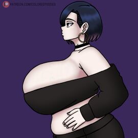 big_breasts breasts clothed clothed_female coloredyiddies exposed_midriff female female_focus female_only hoop_earrings huge_breasts lei_(coloredyiddies) light-skinned_female light_skin midriff original original_character pale-skinned_female pale_skin short_hair side_view solo solo_female solo_focus