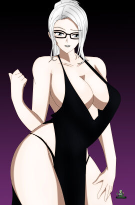 akinama_family_(noir-black-shooter) big_breasts blue_eyes breasts dress female gilf milf no_bra noir-black-shooter oc original original_character raiko_kashiwasaki_(noir-black-shooter) silver_hair