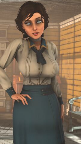 3d big_breasts bioshock bioshock_infinite blue_eyes breasts brown_hair busty choker dinoboy555 elizabeth_comstock female female_focus female_only hourglass_figure large_breasts light-skinned_female light_skin long_hair pinup pinup_pose ponytail pose posing shirt skirt solo tagme wide_hips