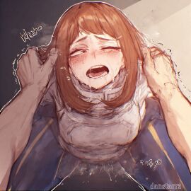 1boy 1girls ahe_gao danstarrz drooling female horny horny_female male ochako_uraraka squirting steam steaming_body trembling twitter twitter_username unseen_male uraraka_ochako