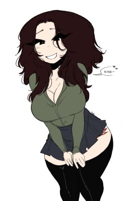 breasts color colored eyelashes eyeliner eyes eyes_on_hips eyes_on_thighs female green_shirt huge_breasts low_cut_top makeup oc original original_character r8toa self-harm_scars self_insert skirt thick_thighs thigh_highs thighhighs thighs toa_(r8toa)