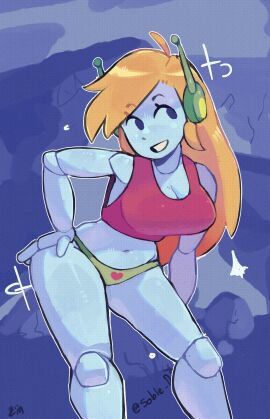 1girls ahoge bare_shoulders blonde_hair blue_body cave_story cleavage curly's_panties curly_brace female green_panties hand_on_hip headphones heart heart_panties long_hair panties partially_clothed purple_eyes robot robot_girl robot_humanoid soble_dx solo solo_female tank_top