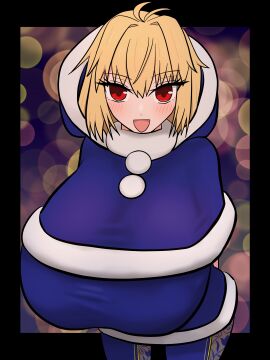 1girls :d ahoge arcueid_brunestud arms_behind_back big_breasts blue_dress blush breasts breasts_bigger_than_head breasts_bigger_than_torso capelet christmas christmas_outfit enormous_breasts fate/grand_order fate_(series) fur-trimmed_capelet fur-trimmed_dress hair_intakes hoodie huge_breasts hyper hyper_breasts large_breasts leaning_forward looking_at_viewer phantas-moon phantas-moon_(third_ascension) presenting_breasts red_eyes santa_costume short_hair stray_oekaki tsukihime