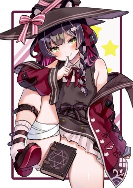 1girls animal_ears black_hair blush book breasts covered_pussy female female_only grimoire hair_ornament hat indie_virtual_youtuber jigglypuff39_(pummeluff3939) light-skinned_female light_skin magic_book no_panties pose pussy raccoon_ears raccoon_girl raki_kazuki shoe small_breasts solo teasing virtual_youtuber witch witch_hat yellow_eyes