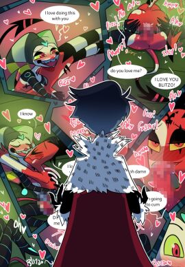 2024 anthro anus ass avian bird blitzo_(helluva_boss) bodily_fluids censored clothing comic cuckold cuckolding demon dialogue digital_drawing_(artwork) digital_media_(artwork) drooling embrace fizzarolli_(helluva_boss) fool's_hat genitals group hand_on_ass hand_on_butt hat headgear headwear heart_eyes heart_symbol helluva_boss hi_res horn humanoid imp lying male male/male markings moan narrowed_eyes on_back on_front open_mouth owl owl_demon penis penis_in_mouth pointed_tail raised_tail red_body rosy_fun saliva stolas_(helluva_boss) striped_horn stripes tail trio