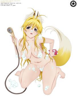 2011 akiranyo artist_name bathing blonde-haired_female breasts character_name english_text female fox_ears fox_tail kanokon kemomimi kneeling long_hair minamoto_chizuru nude nude_female object_censor pink_sponge purple_eyes shower_wand sponge suds suds_censor suds_on_arms suds_on_breasts suds_on_crotch suds_on_nose suds_on_thighs text transparent_background vector_trace work_name