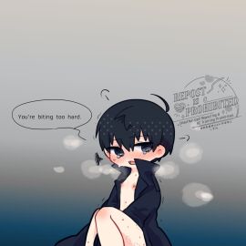 1boy black_eyes black_hair black_shirt blush breath collared_shirt commentary double-parted_bangs english_text hair_between_eyes highres kim_dokja kimidori_22 knees_together_feet_apart looking_at_viewer male_focus nipples no_pants no_shirt omniscient_reader's_viewpoint open_clothes open_mouth open_shirt popped_collar shirt short_hair solo speech_bubble squiggle sweatdrop symbol-only_commentary tears trembling