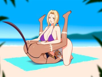 2girls anoneysnufftan applying_sunscreen beach beach_towel bikini blonde_hair blurry_background cat_girl catgirl dark-skinned_female dark_skin embarrassed female female_only humiliation imminent_death killer_lotion massage nadia_fortune naruto peril punishment rubbing sand seaside sinfulline skullgirls summer sunbathing swimsuit tail tattoos towel tsunade white_hair