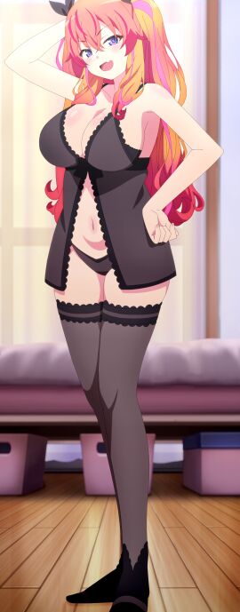 1girls agatsuma_makina blue_eyes breasts kakushite!_makina-san!! large_breasts lingerie navel panties red_hair screencap thick_thighs thighhighs thighs