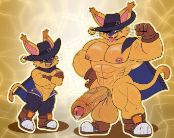 abs anthro balls bandai_namco big_balls big_penis blep bodily_fluids boots cape clothing crossed_arms digimon digimon_(species) erection flexing footwear fur genitals glitchedweasel green_eyes hat headgear headwear hi_res huge_balls huge_cock hyper hyper_balls hyper_genitalia hyper_penis male mask muscular muscular_anthro muscular_male navel nipples nyabootmon pecs penis sharp_teeth shoes short_stack sweat teeth tongue tongue_out vein veiny_penis yellow_body yellow_fur