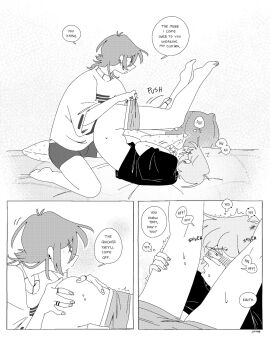 2boys ahoge anilingus artist_name asking_for_it blonde_hair blush bottomless brown_hair comic covering_mouth dialogue drooling ear_piercing earrings english_text full-face_blush functionally_nude greyscale hair_over_one_eye half-closed_eyes hand_on_another's_ass hand_on_another's_leg hand_on_thigh heart imminent_anilingus imminent_oral imminent_rimming imminent_sex juliegg kneeling kouta_(juliegg) looking_at_another looking_pleasured lying lying_on_back lying_on_bed male mole mole_on_neck mole_under_eye monochrome motion_lines original panting partially_clothed rimming ring romantic romantic_couple rui_(juliegg) saliva side_view sideass sound_effects speech_bubble sweatdrop thought_bubble trembling underwear_down underwear_pull undressing undressing_another unseen_male_face watermark wearing_others_clothes wholesome yaoi