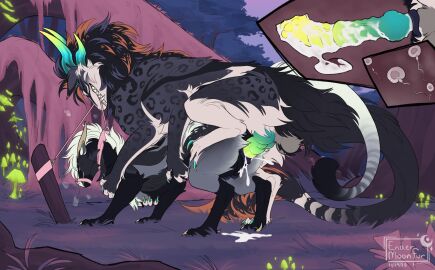 black_body black_fur blue_horn bodily_fluids claws cum cum_in_vagina cum_inside dragon duo endermoonfur felkin female feral fur furred_dragon furred_scalie genital_fluids genitals grass green_horn green_knot green_penis grey_body grey_fur hi_res horn knot male male/female mane mythological_creature mythological_scalie mythology penetration penis plant purple_grass scalie teats teeth vaginal_penetration white_body white_claws white_fur white_mane